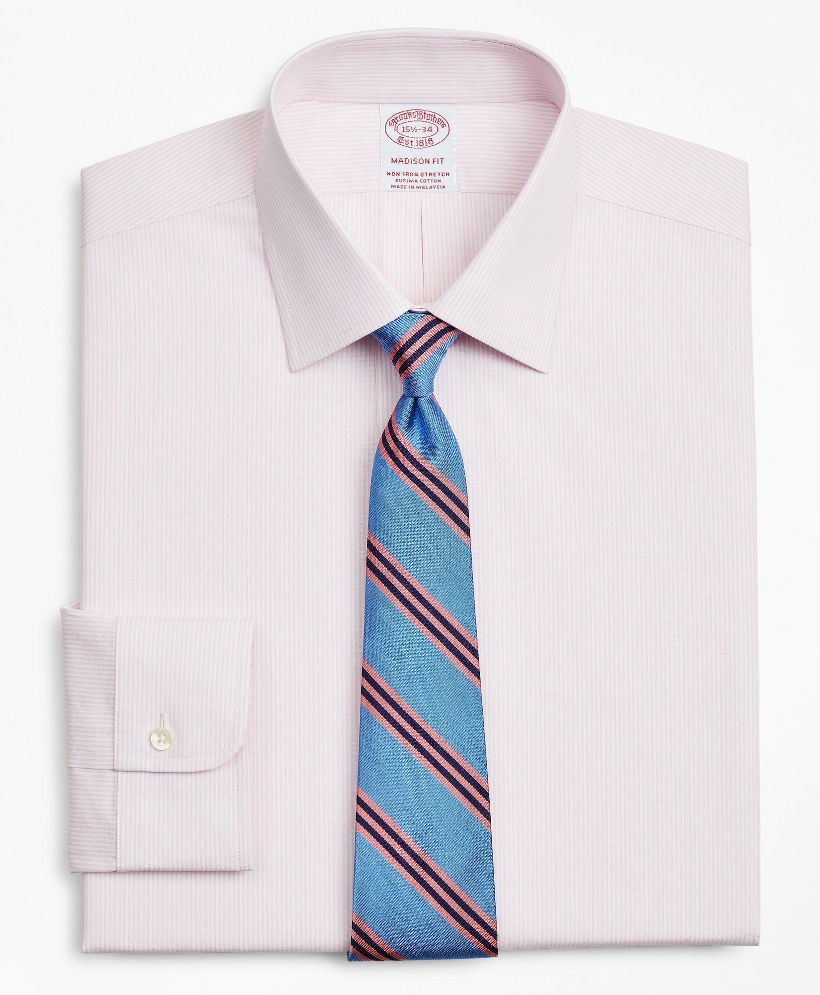 Brooks Brothers Men's Stretch Madison Relaxed-Fit Dress Shirt, Non-Iron Poplin Ainsley Collar Fine Stripe | Pink