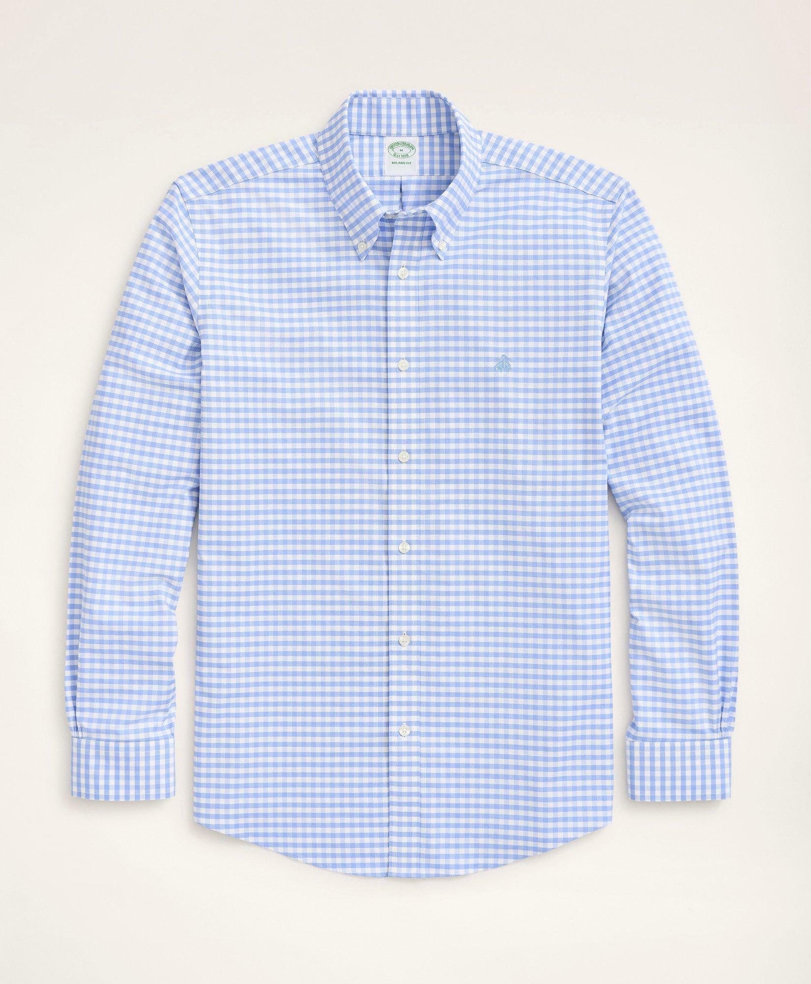 Brooks Brothers Men's Stretch Milano Slim-Fit Sport Shirt, Non-Iron Gingham Oxford | Light Blue