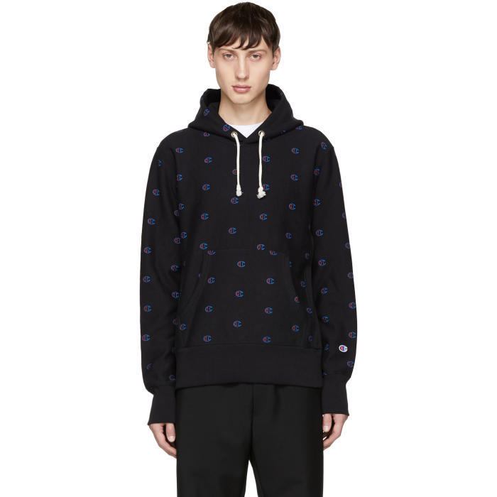 Champion Reverse Weave Black All Over Logo Hoodie Champion Reverse