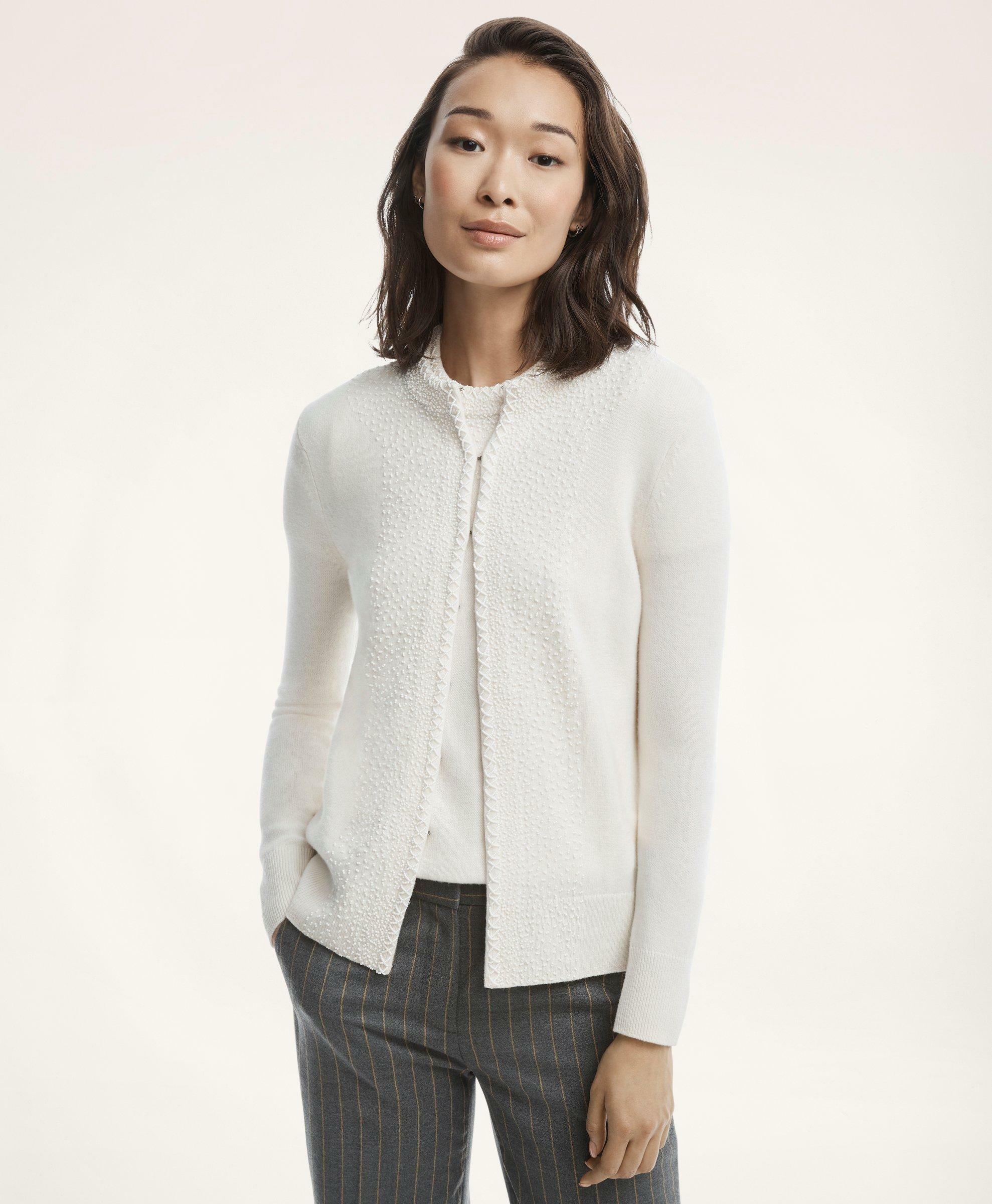 Brooks Brothers Women's Merino Wool Cashmere Beaded Cardigan | Cream ...