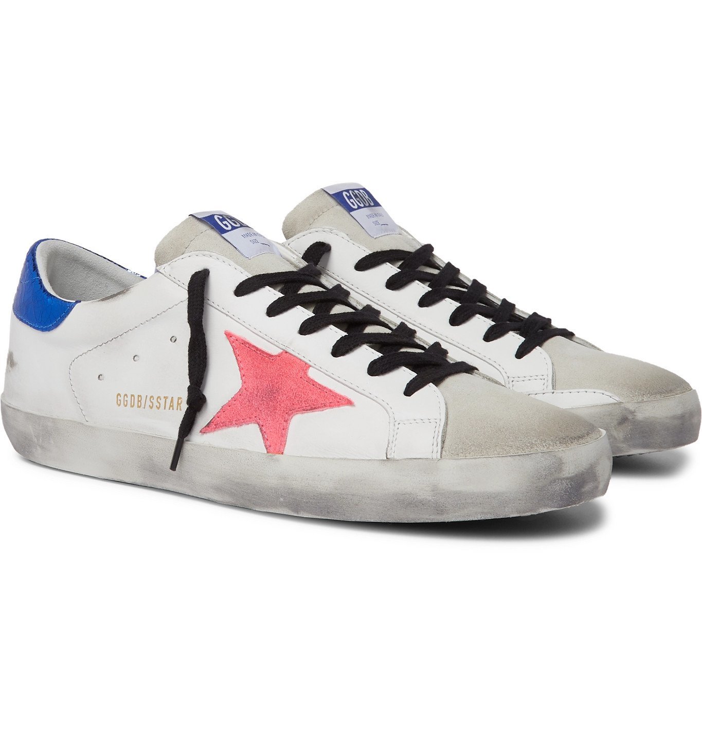 golden goose superstar distressed leather and suede sneakers