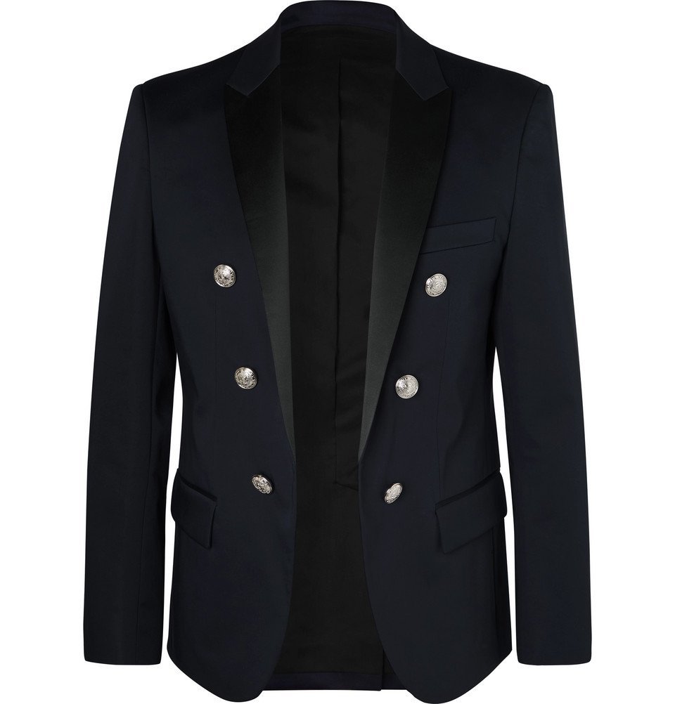 Balmain - Navy Slim-Fit Double-Breasted Satin-Trimmed Cotton-Blend ...