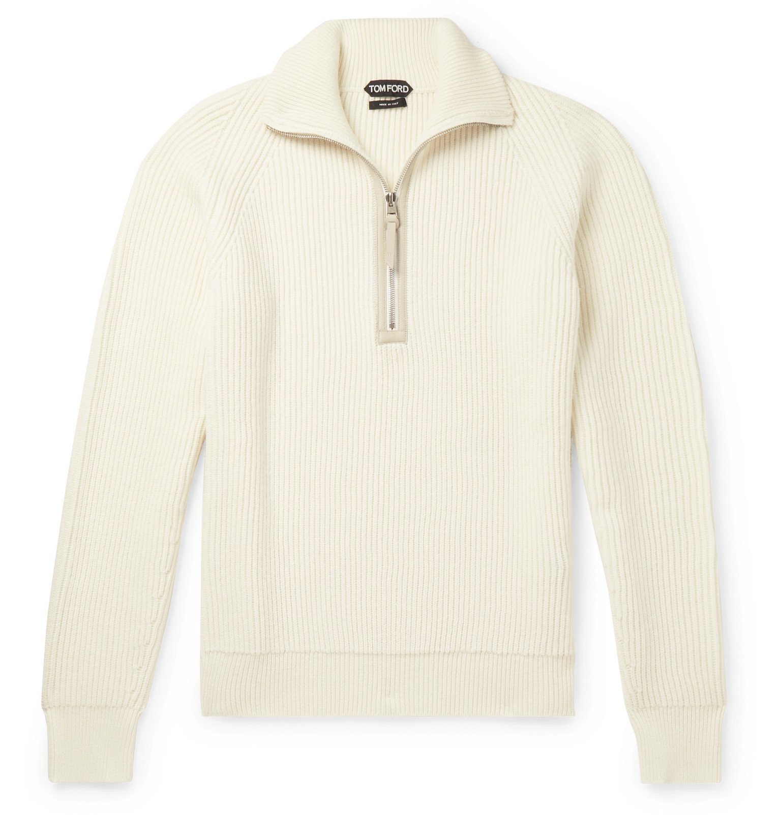 TOM FORD - Slim-Fit Leather-Trimmed Ribbed Merino Wool and Cashmere-Blend  Half-Zip Sweater - Neutrals TOM FORD