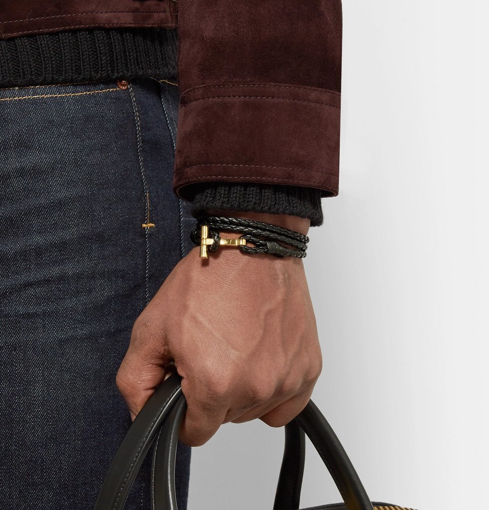 TOM FORD - Woven Leather and Gold-Tone Wrap Bracelet - Men - Black TOM FORD