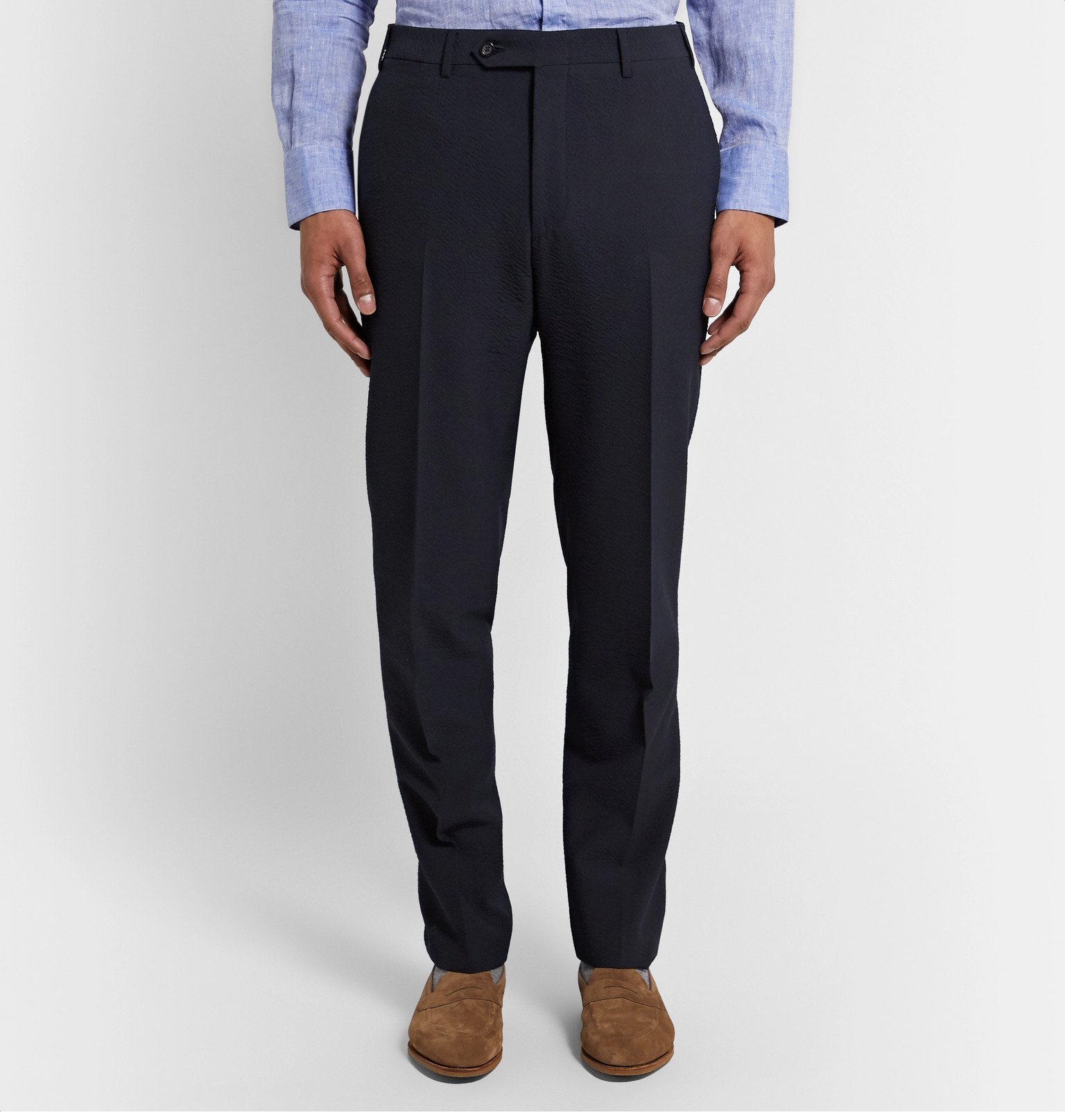 Canali - Kei Slim-Fit Wool-Blend Seersucker Suit Trousers - Blue Canali