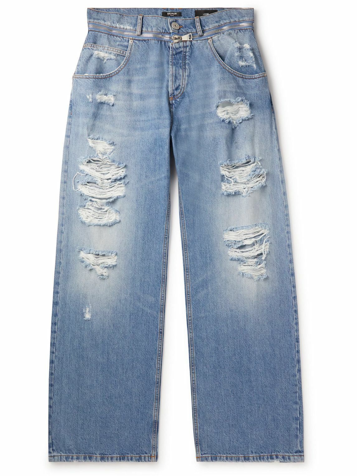 Balmain - Straight-Leg Zip-Detailed Distressed Jeans - Blue Balmain