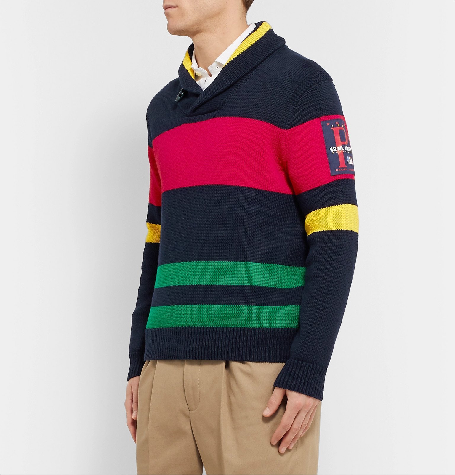 Polo Ralph Lauren - Shawl-Collar Appliquéd Striped Cotton Sweater ...