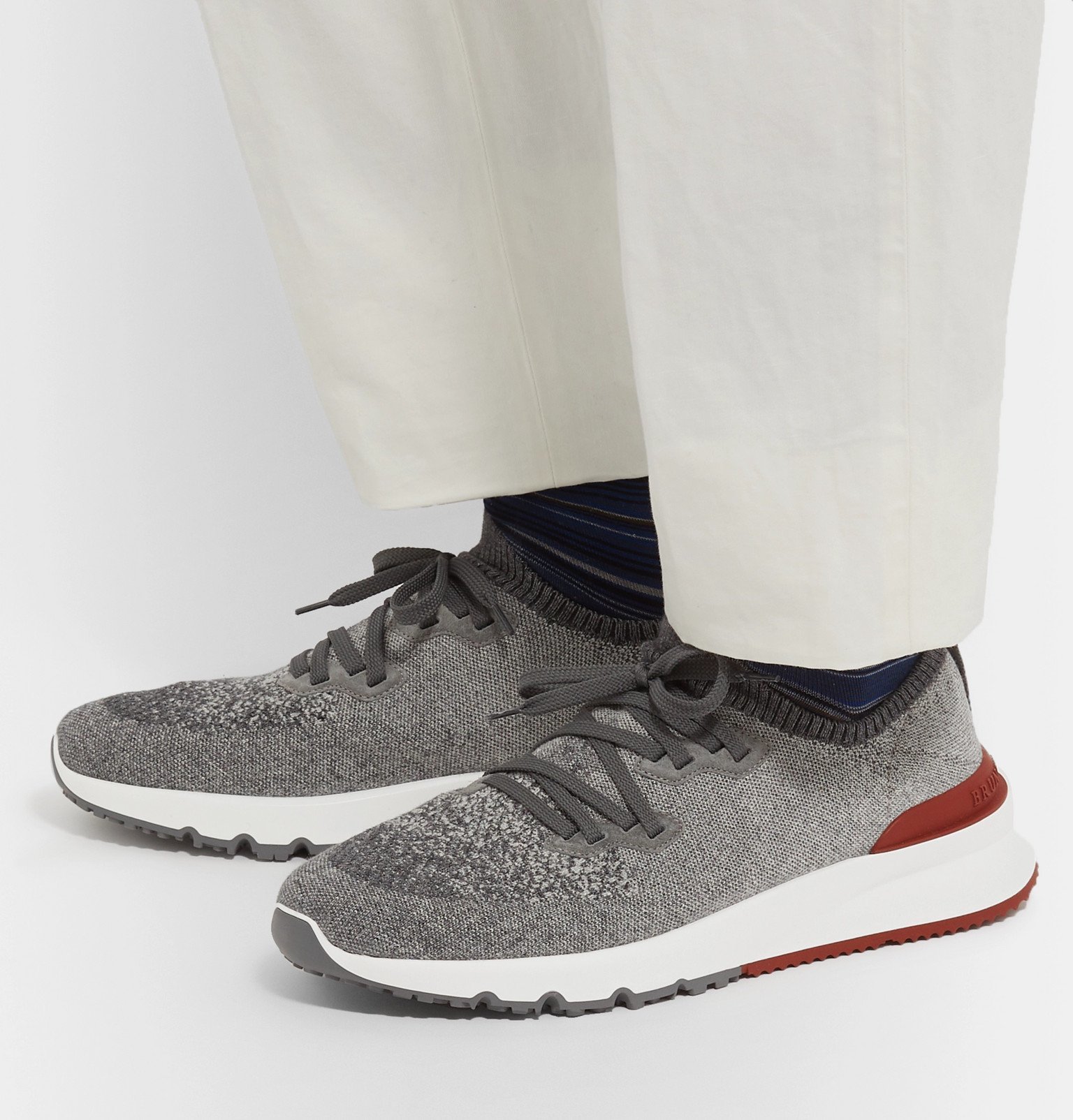 Suede-Trimmed Stretch-Knit Sneakers 