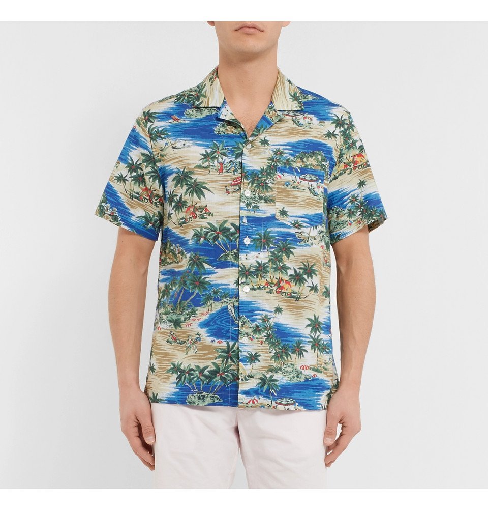 Camp-Collar Printed Slub Cotton Shirt 