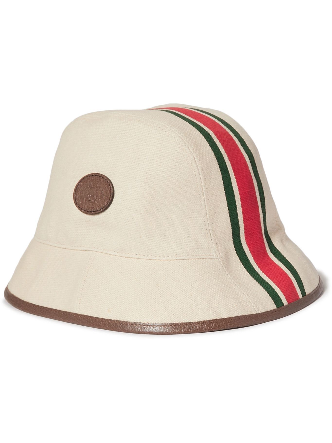 GUCCI - Leather-Trimmed Striped Linen-Canvas Bucket Hat - Neutrals Gucci