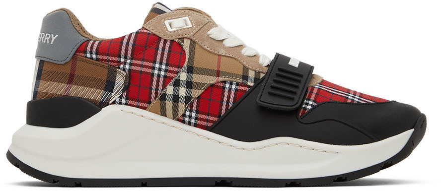 Burberry Red & Beige Ramsey Check Sneakers Burberry