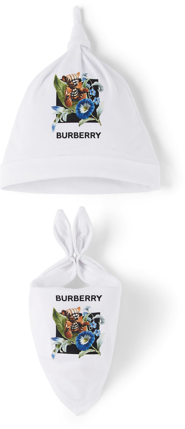 Photo: Burberry Baby White Montage Print Beanie & Bib Set