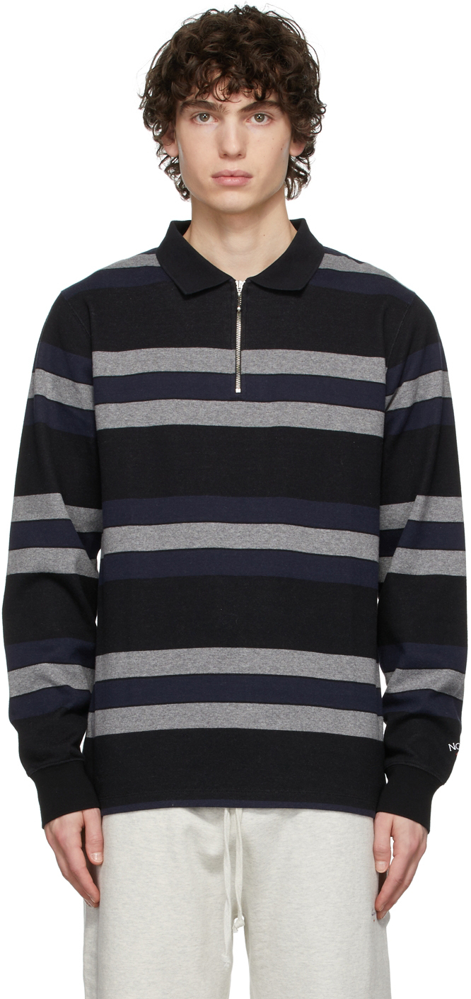 Noah Black & Navy Long Sleeve Striped Zip Polo Noah NYC