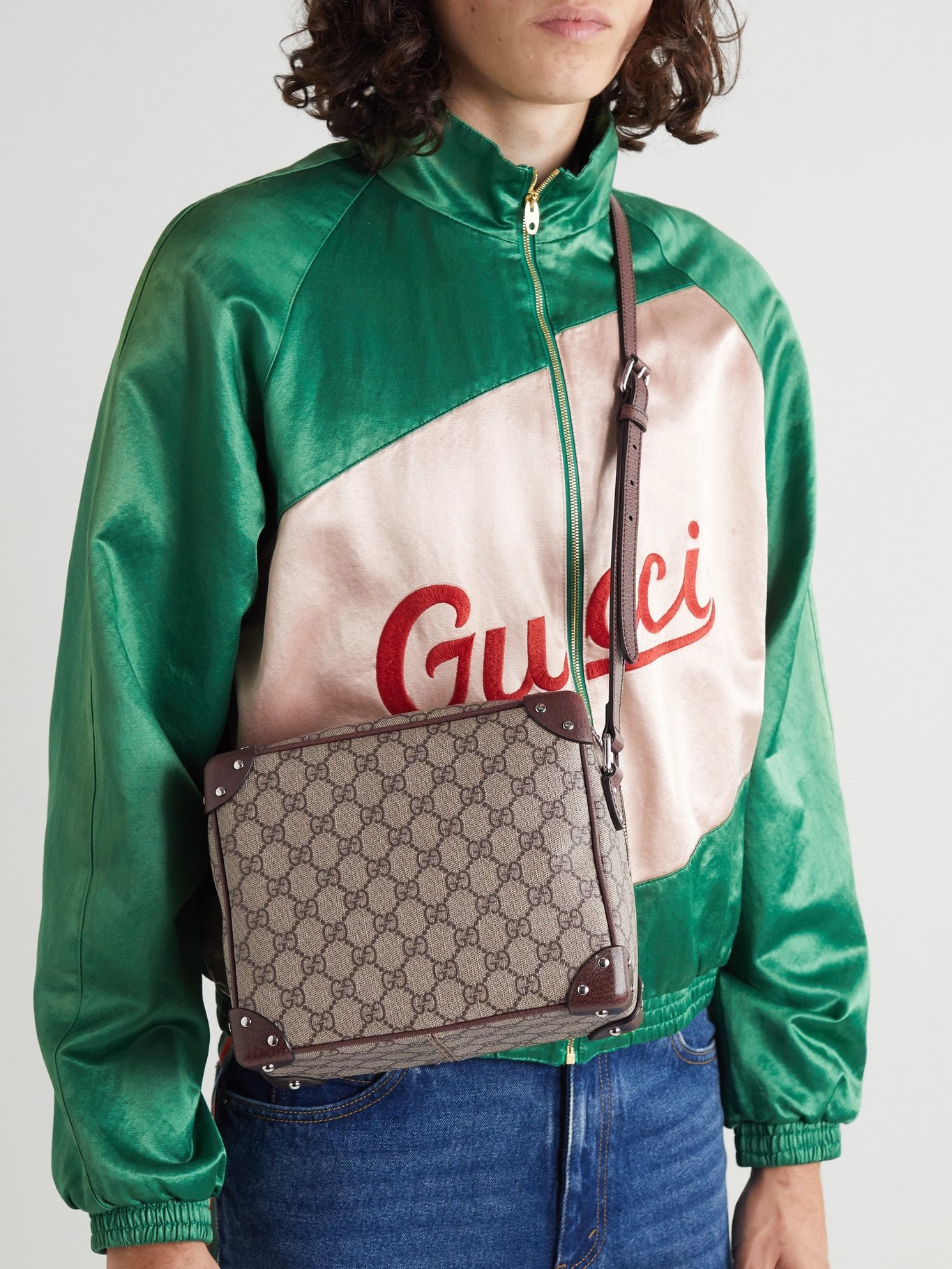 GUCCI - Studded Leather-Trimmed Monogrammed Coated-Canvas Messenger Bag ...