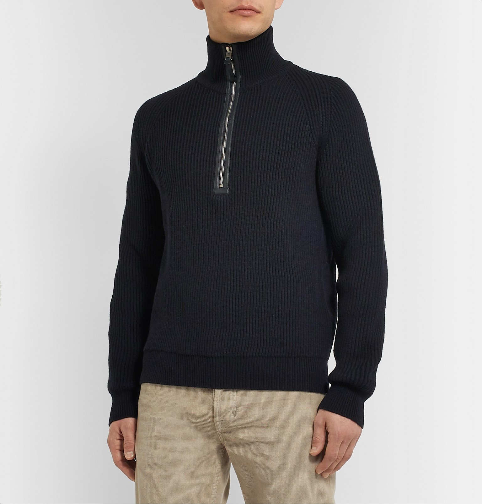 TOM FORD - Slim-Fit Leather-Trimmed Ribbed Merino Wool and Cashmere-Blend  Half-Zip Sweater - Blue TOM FORD