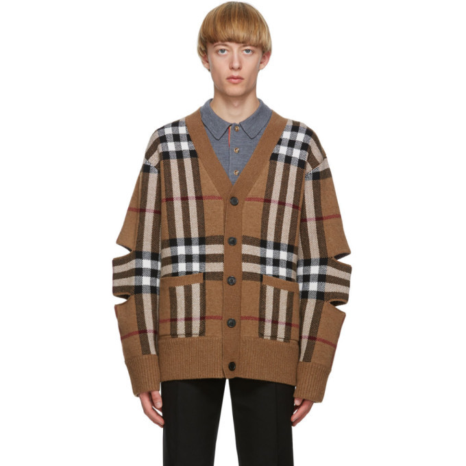 Burberry Brown Cashmere Check Cut-Out Cardigan Burberry