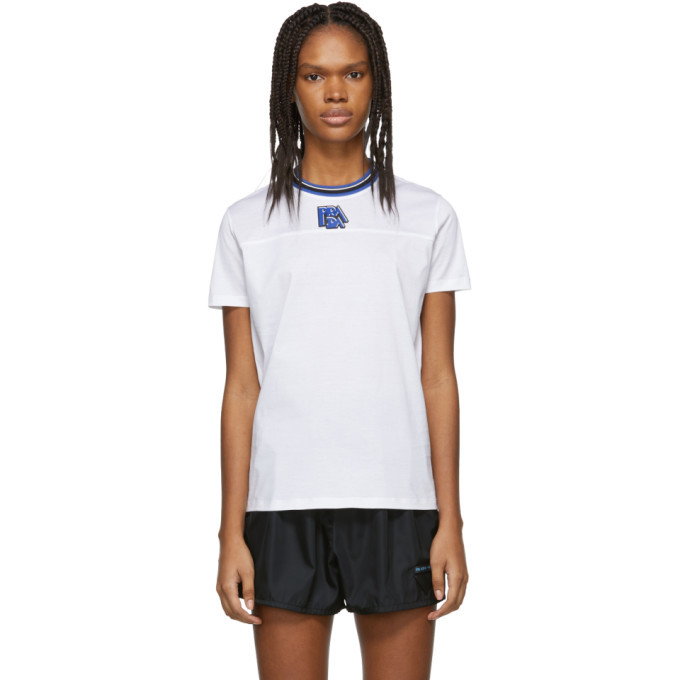 Prada White and Blue Ribbed Collar T-Shirt Prada