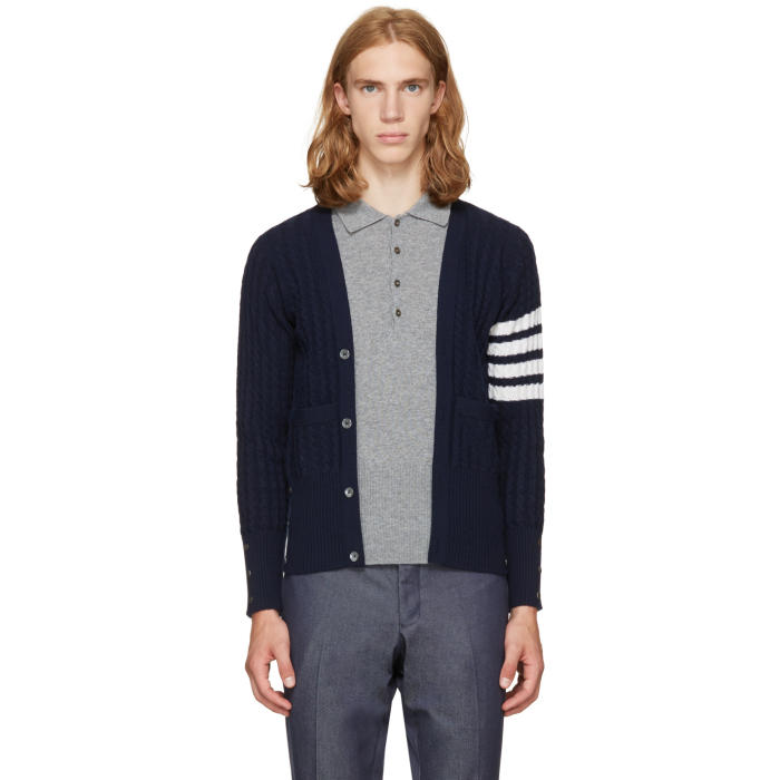 Thom Browne Navy Four Bar Trompe LOeil V-Neck Cardigan Polo Thom Browne