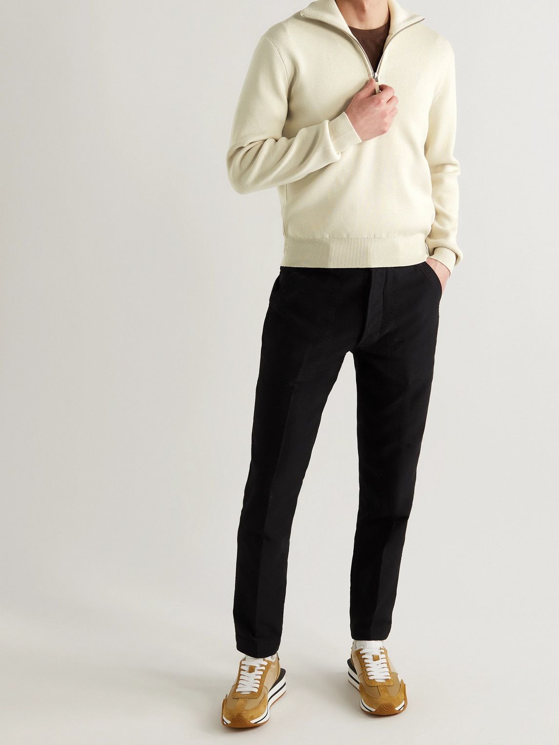 TOM FORD Ribbed Merino Wool HalfZip Sweater Neutrals TOM FORD