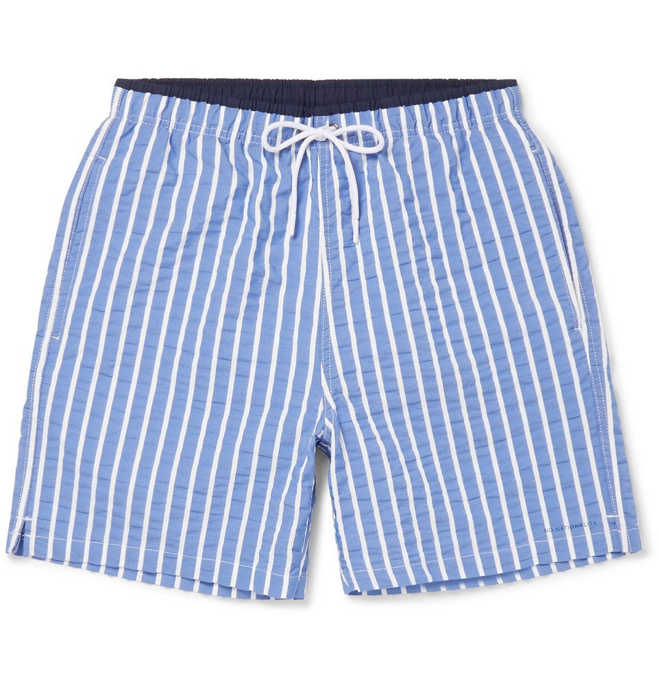 NN07 - Mid-Length Striped Cotton-Blend Seersucker Swim Shorts - Blue NN07