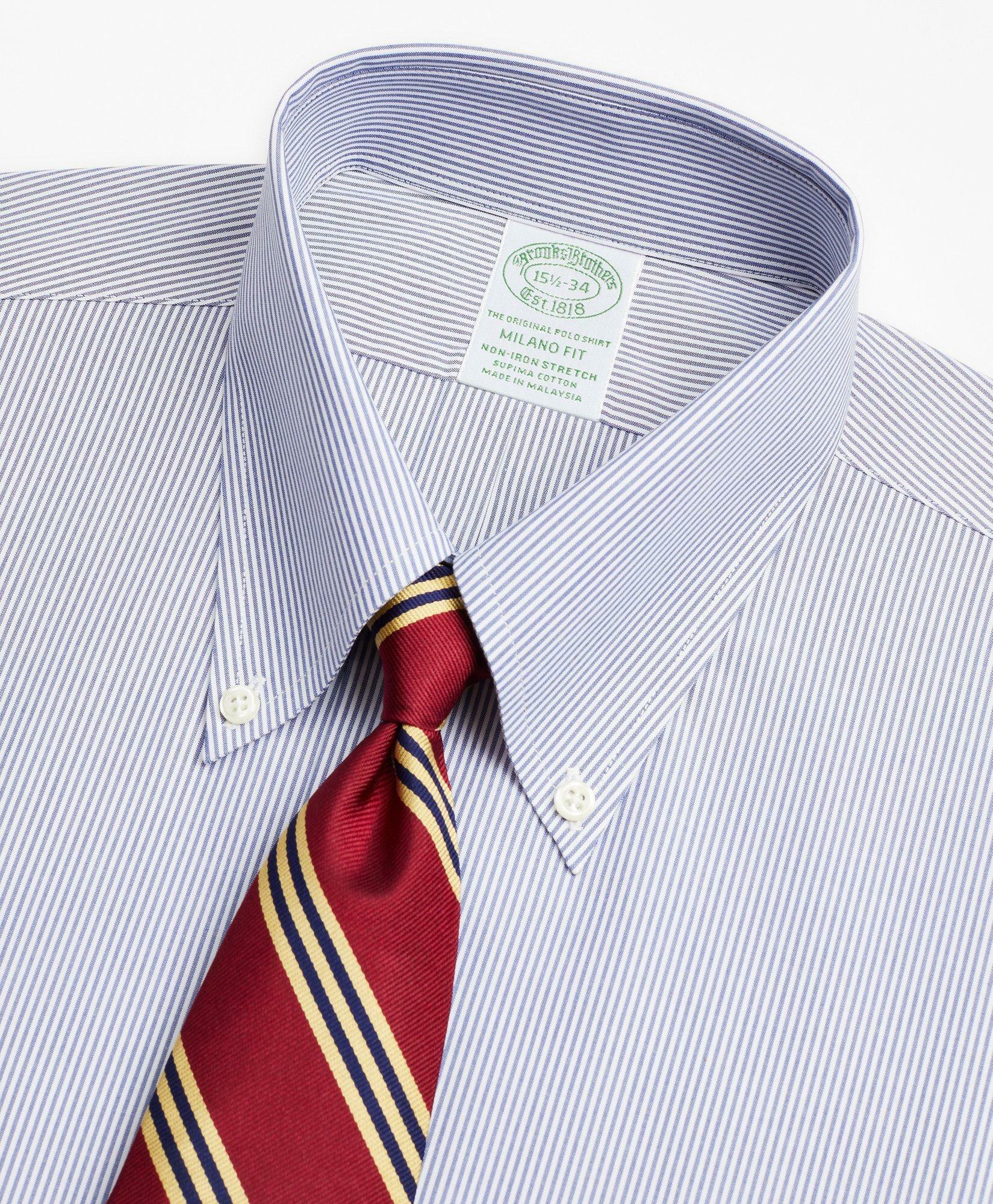 Brooks Brothers Men's Stretch Milano Slim-Fit Dress Shirt, Non-Iron Poplin Button-Down Collar Fine Stripe | Navy