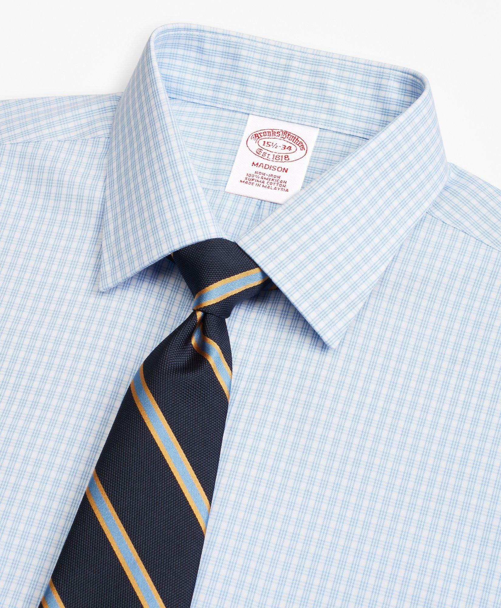 Brooks Brothers Men's Madison Relaxed-Fit Dress Shirt, Non-Iron Triple Check | Light Blue