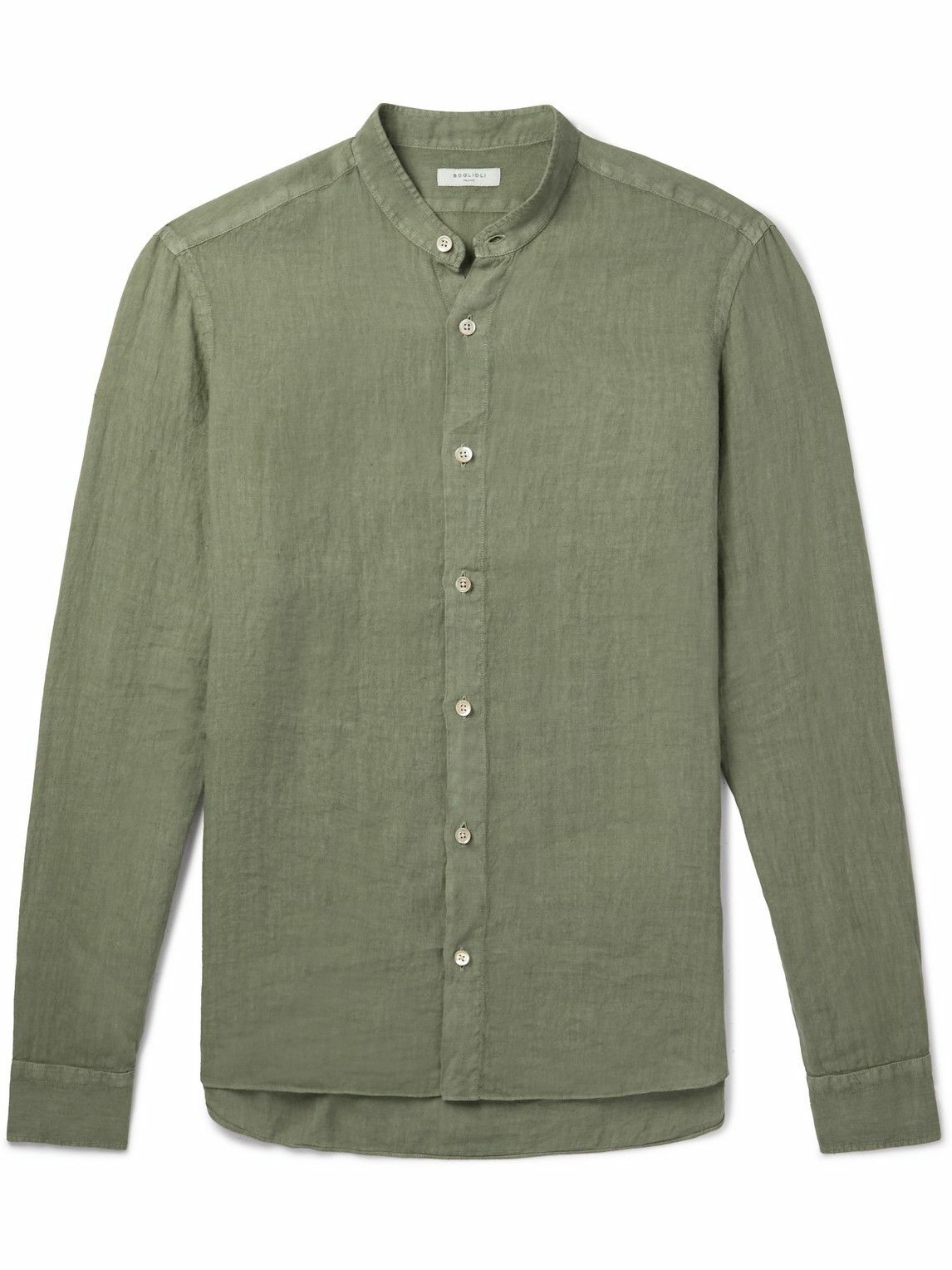 Boglioli GrandadCollar GarmentDyed Linen Shirt Green Boglioli