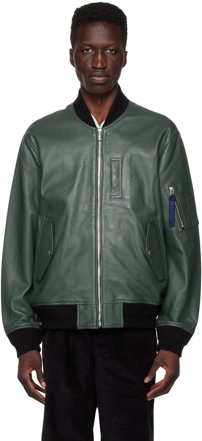 PS by Paul Smith Green Military Leather Bomber Jacket PS by Paul Smith