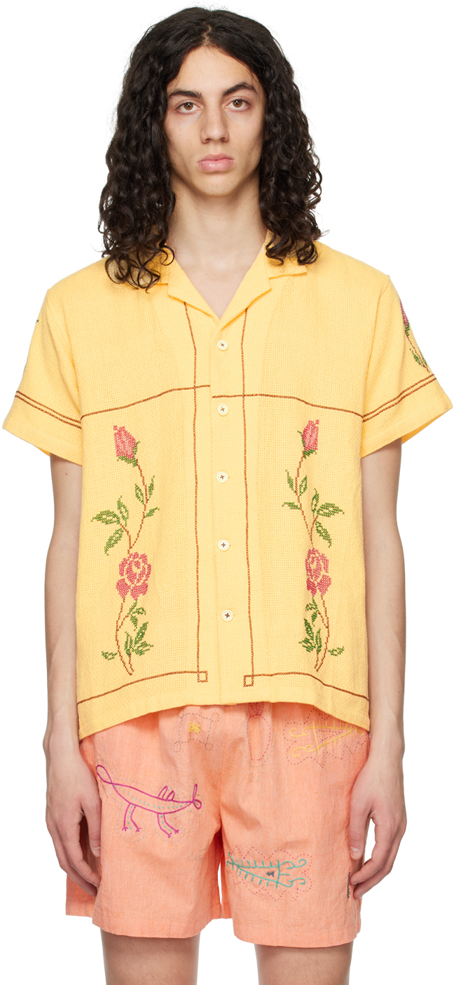 HARAGO Yellow Cross-Stitch Shirt