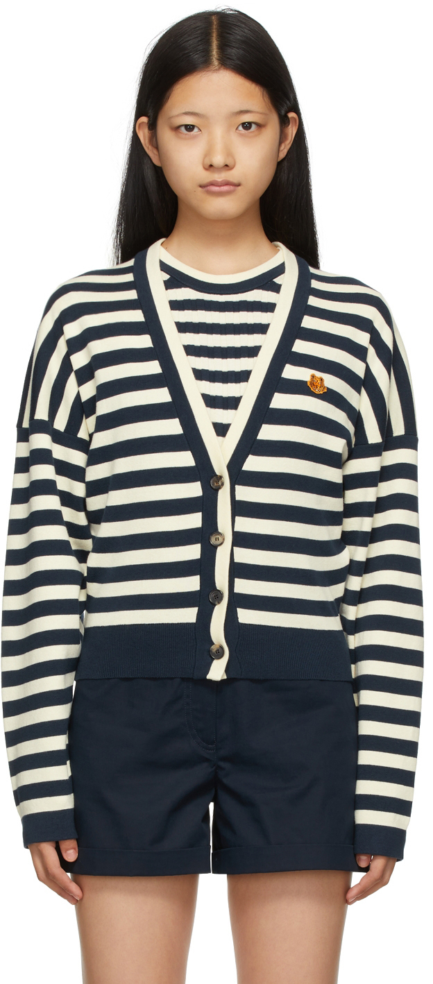 navy and white striped cardigan