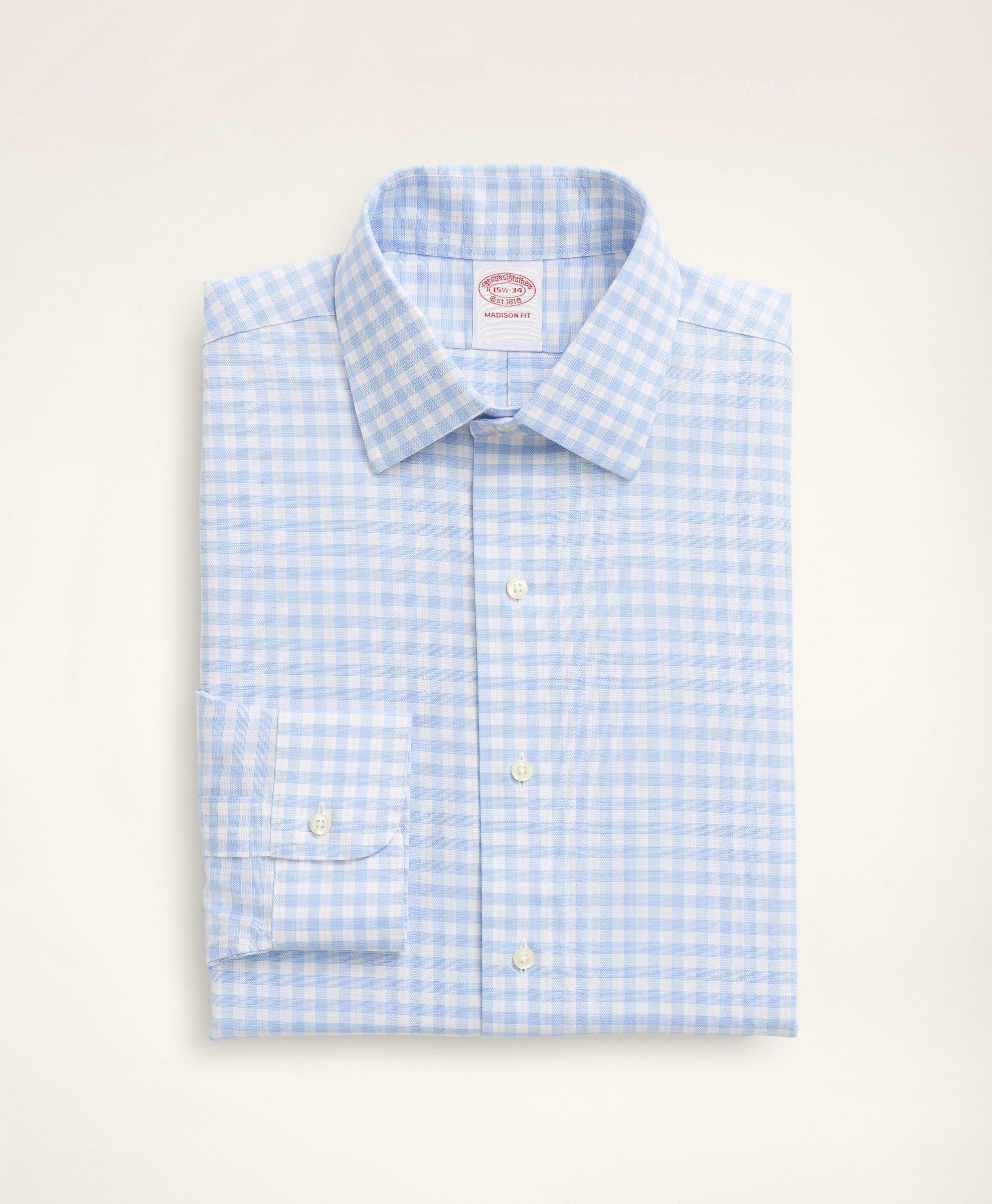 Brooks Brothers Men's Stretch Madison Relaxed-Fit Dress Shirt, Non-Iron Royal Oxford Ainsley Collar Check | Light Blue