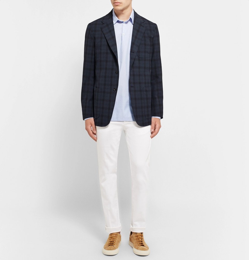 Camoshita - Blue Slim-Fit Checked Wool-Blend Seersucker Blazer - Storm ...