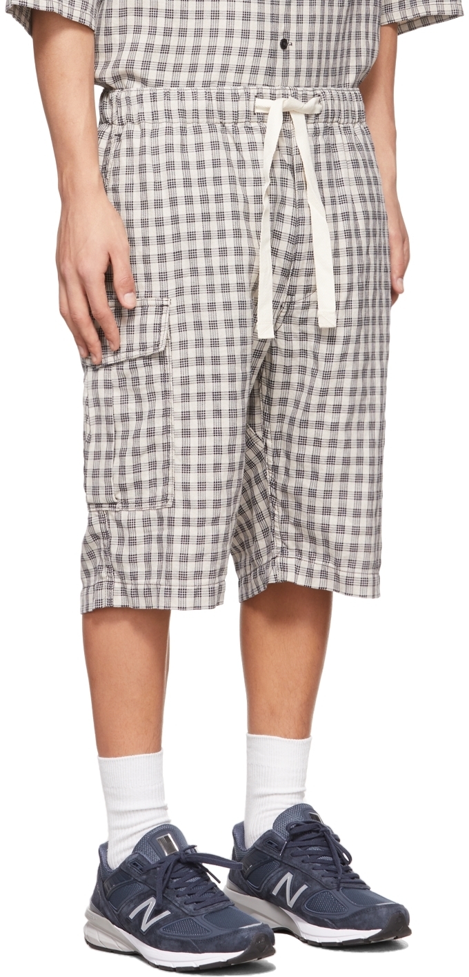 Nanamica Beige & Navy Palaka Check Easy Cargo Shorts Nanamica