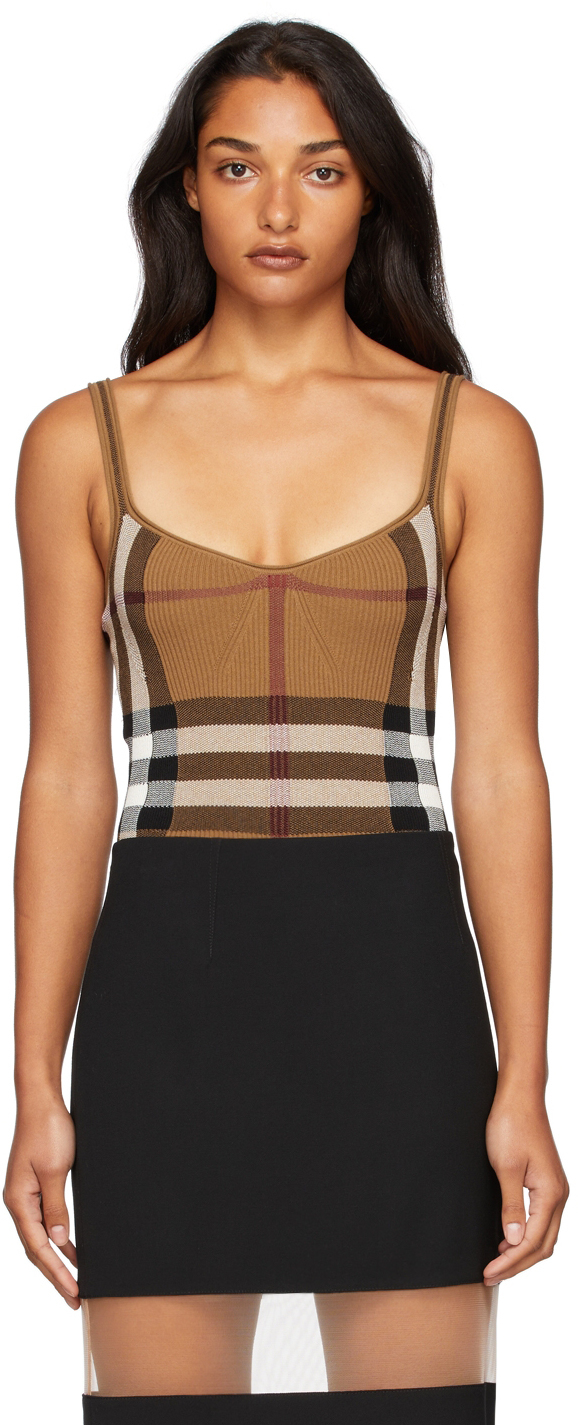 Photo: Burberry Brown Ribbed Check Bodysuit