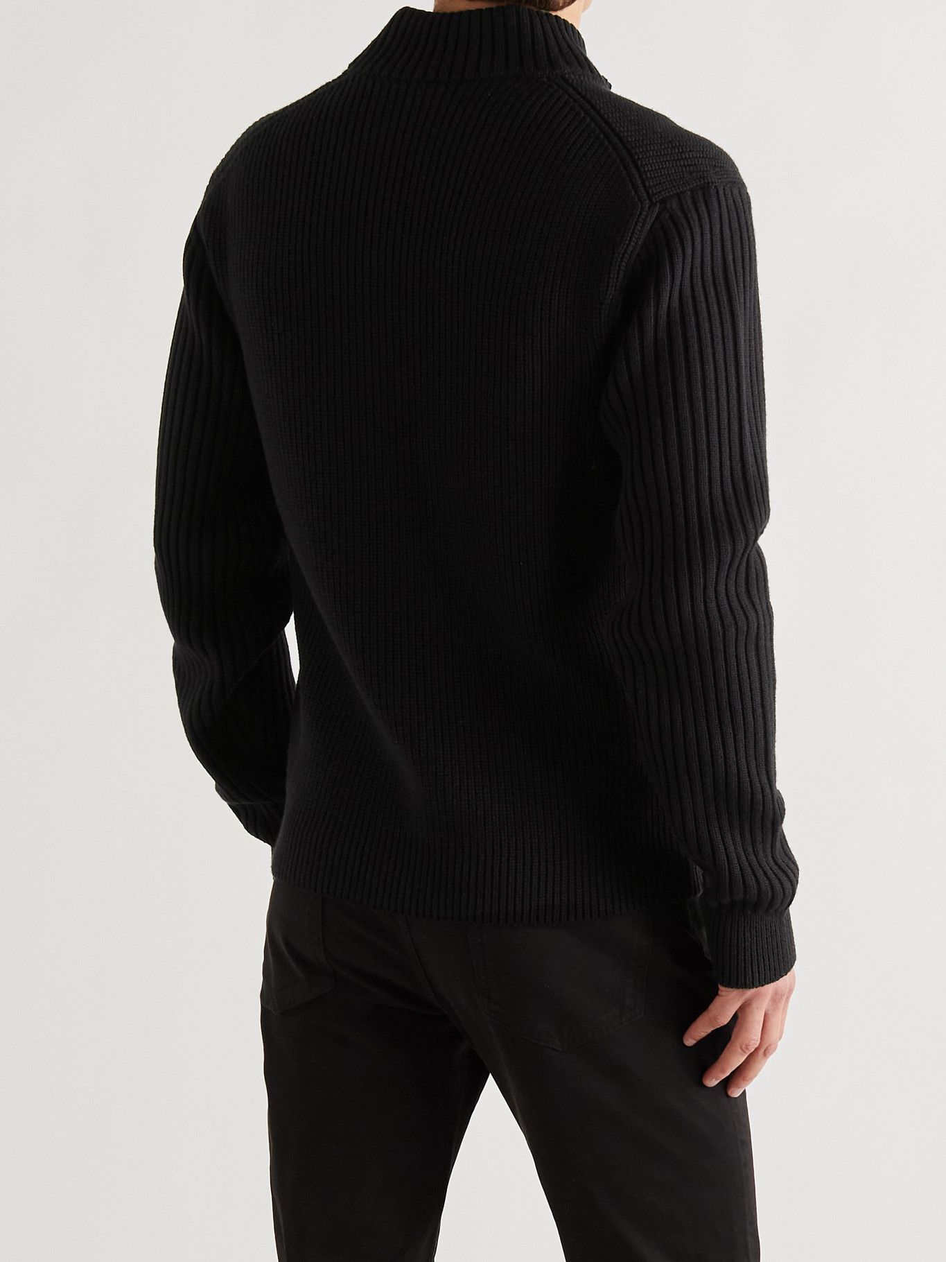 DUNHILL - Leather-Trimmed Ribbed Wool Half-Zip Sweater - Black Dunhill