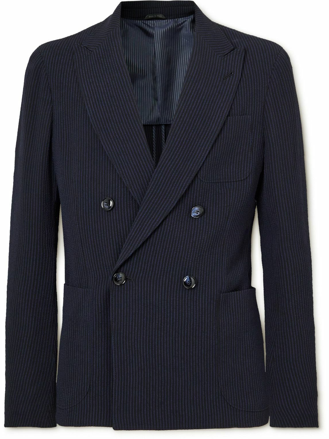 Giorgio Armani - Double-Breasted Striped Seersucker Suit Jacket - Black ...