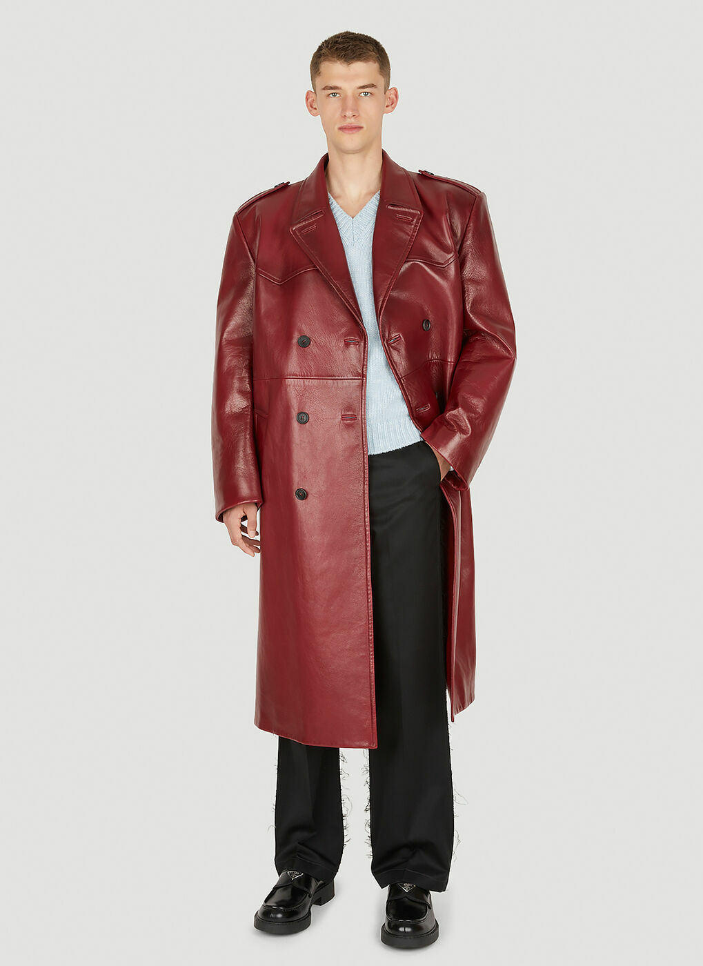 Double Breasted Leather Trench Coat in Red Prada