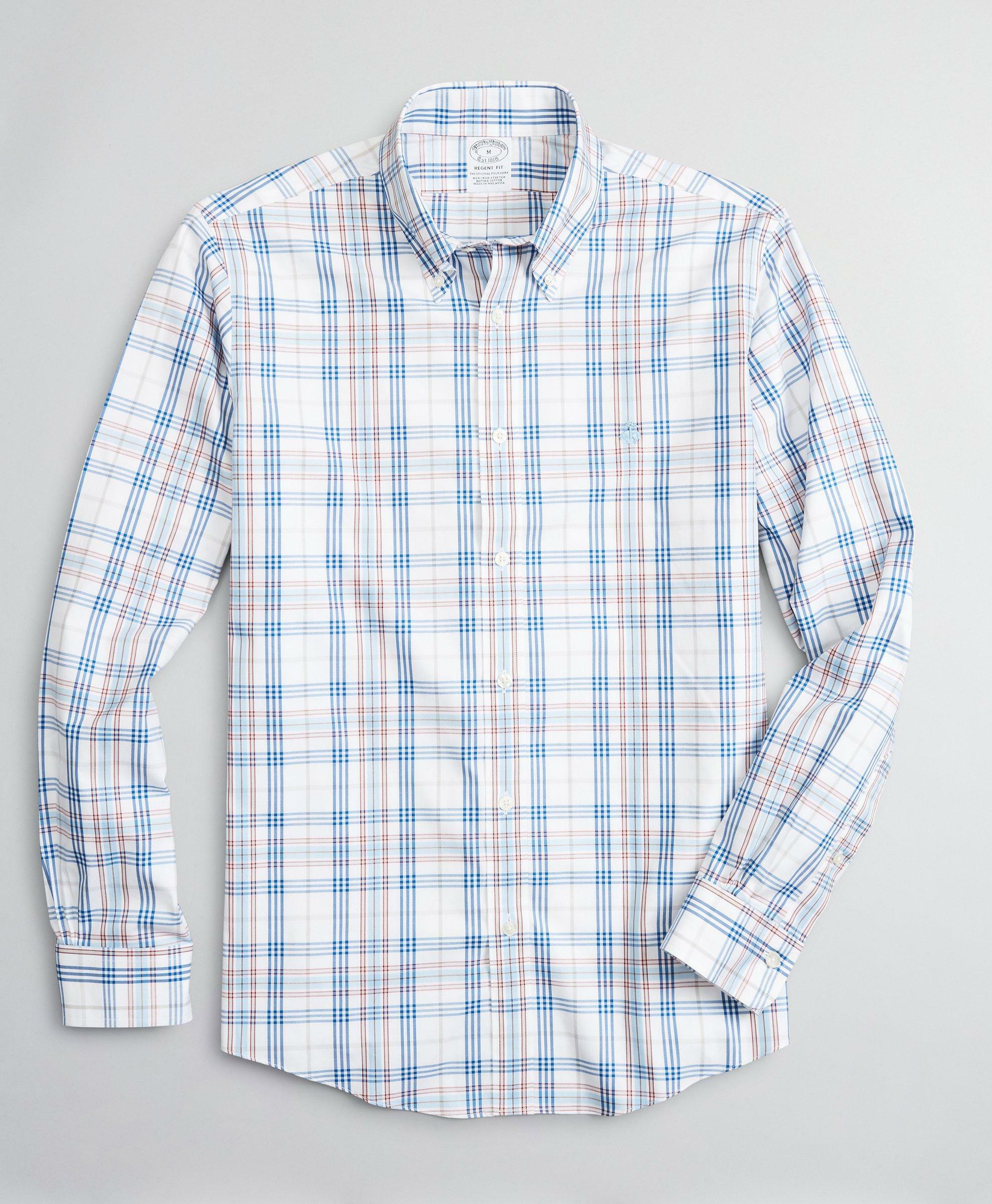 Brooks Brothers Men's Stretch Regent Regular-Fit Sport Shirt, Non-Iron Multi-Plaid | Blue