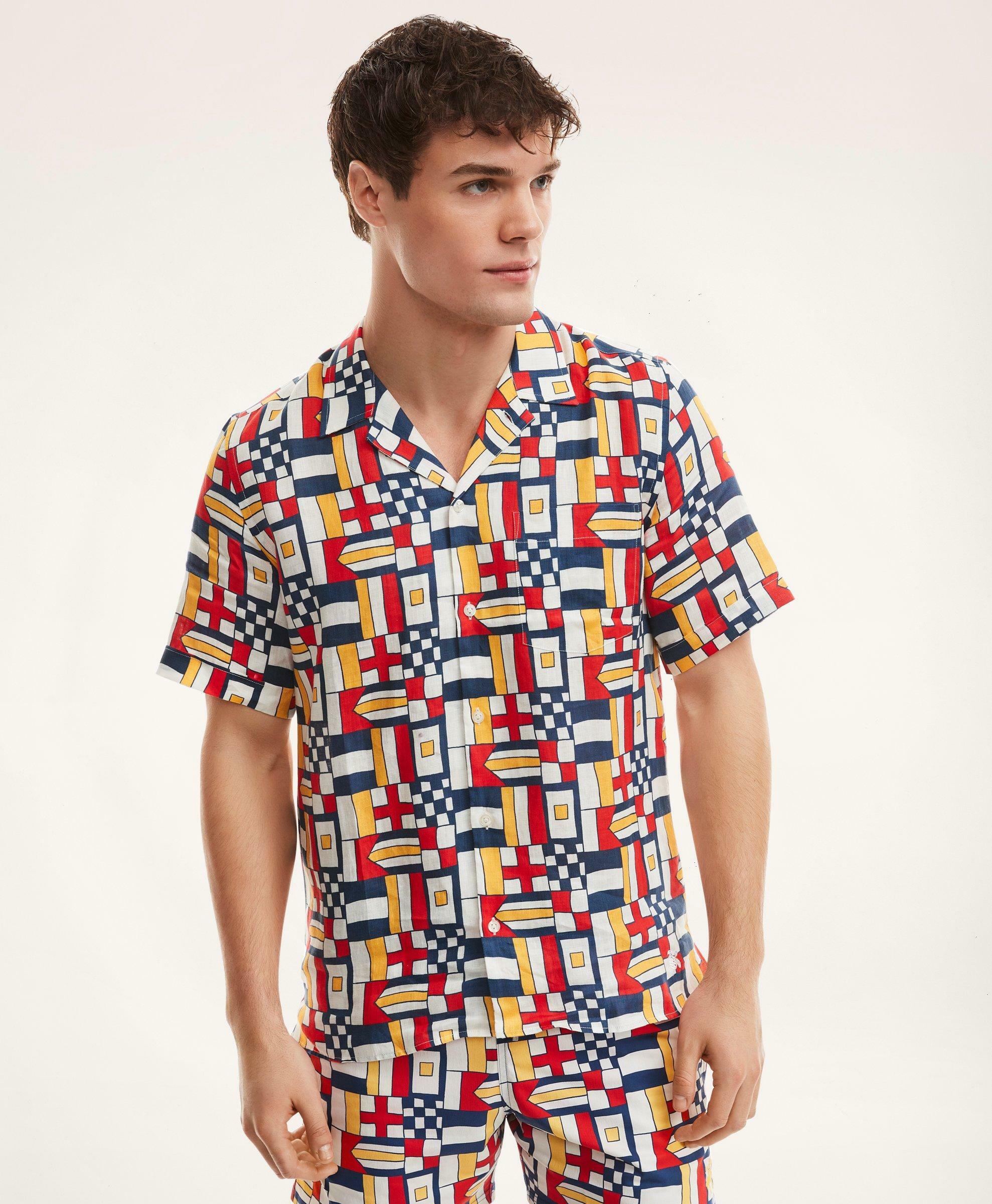 Photo: Brooks Brothers Men's Et Vilebrequin Bowling Shirt in the Mixed Signals Print | Navy