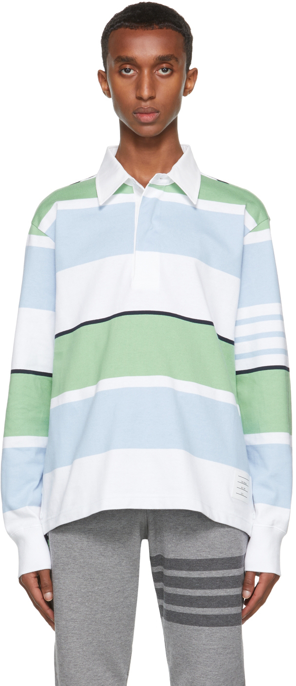 Thom Browne White & Blue Engineered 4-Bar Rugby Long Sleeve Polo Thom ...