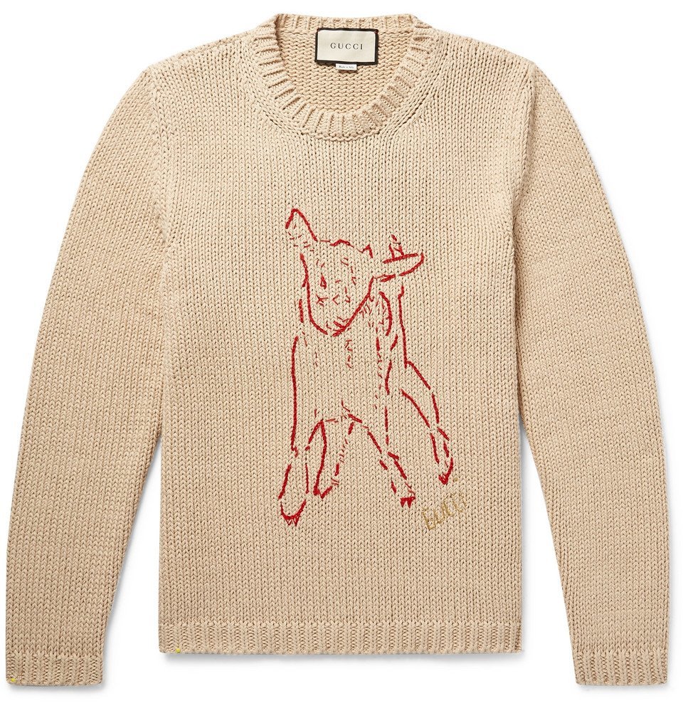 Gucci - Intarsia-Knit Ribbed Cotton Sweater - Men - Cream Gucci