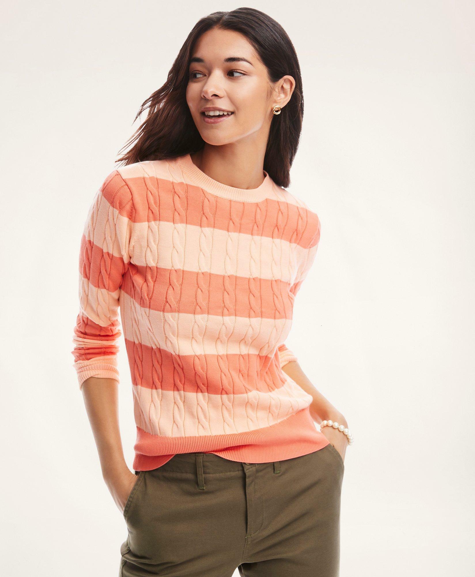 Brooks Brothers Women's Supima Cotton Striped Cable Sweater | Orange