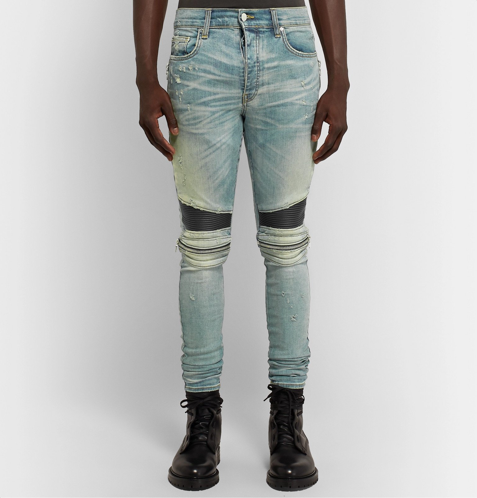AMIRI - MX2 Skinny-Fit Leather-Panelled Distressed Stretch-Denim Jeans ...