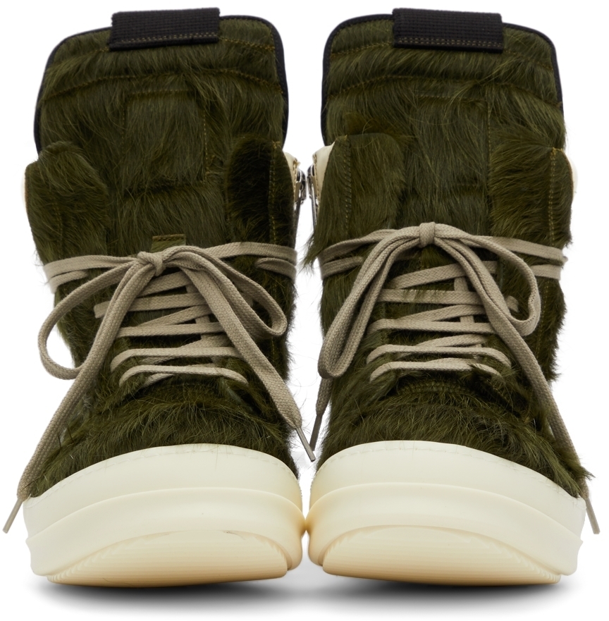Rick Owens Green & OffWhite Pony Hair Geobasket Sneakers Rick Owens