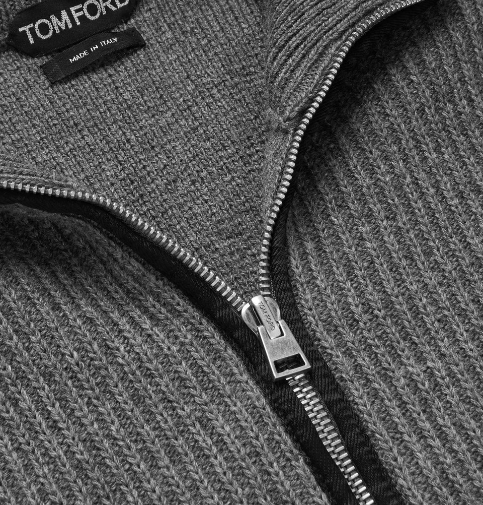 TOM FORD - Ribbed Wool and Cashmere-Blend Half-Zip Sweater - Gray TOM FORD