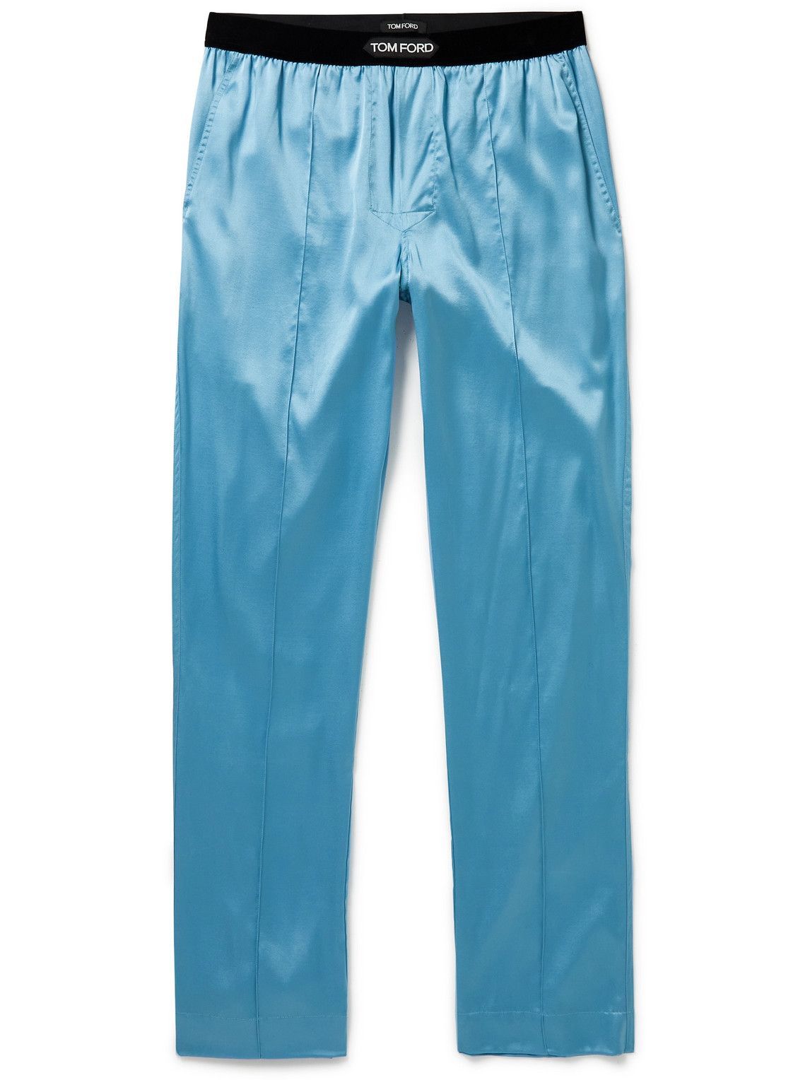TOM FORD - Velvet-Trimmed Stretch-Silk Satin Pyjama Trousers - Blue TOM FORD