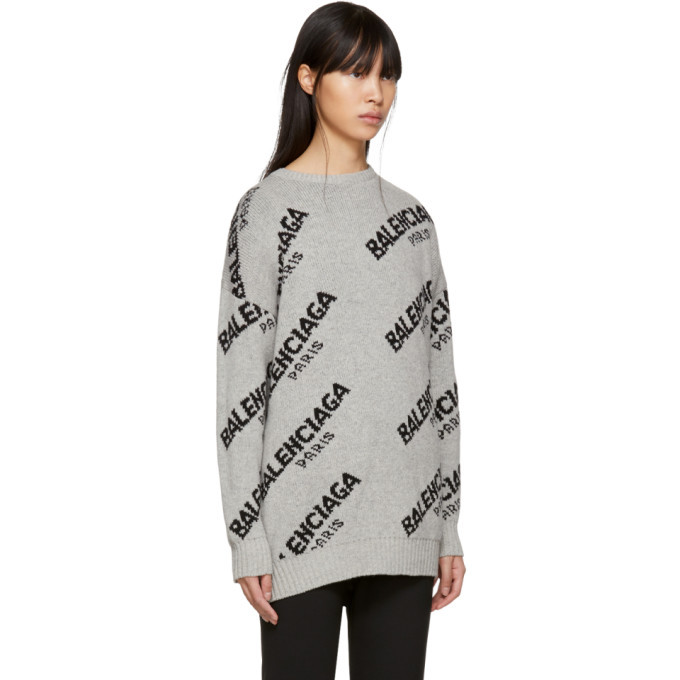 gancho lógica Leonardoda Balenciaga Grey All Over Logo Paris Sweater Balenciaga