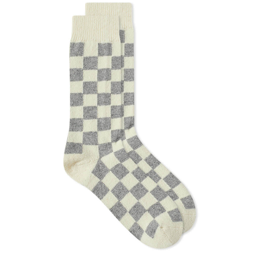 RoToTo Recycled Wool Checkerboard Crew Sock in Ivory/Grey RoToTo