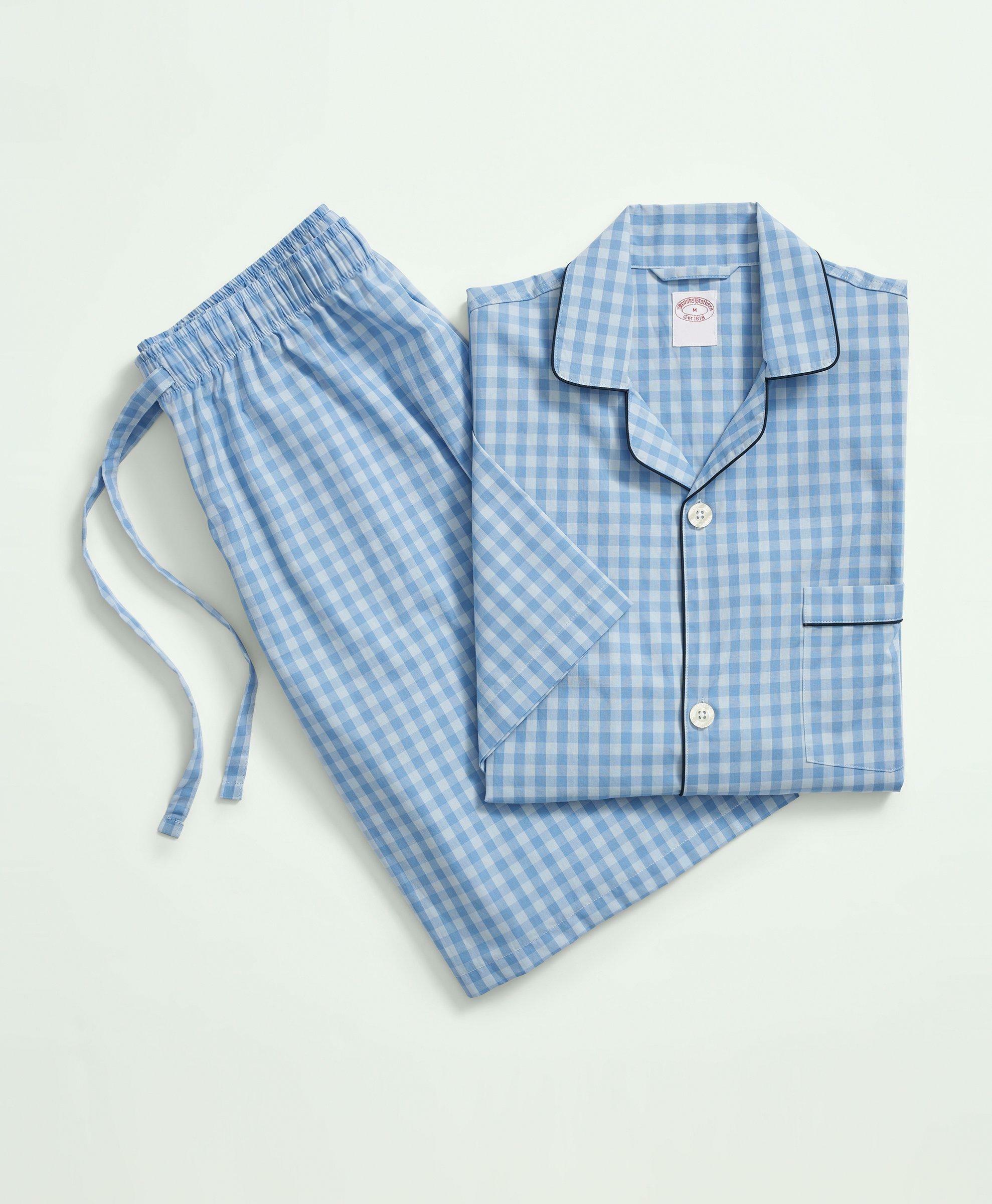 Photo: Brooks Brothers Men's Cotton Poplin Gingham Short Pajamas | Chambray Blue
