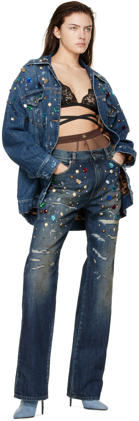 Dolce & Gabbana Blue Rhinestone Denim Jacket Dolce & Gabbana